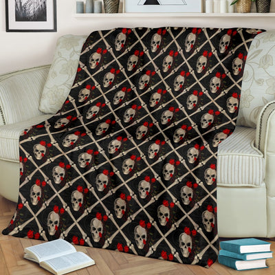 Skull Roses Bone Design Themed Print Fleece Blanket