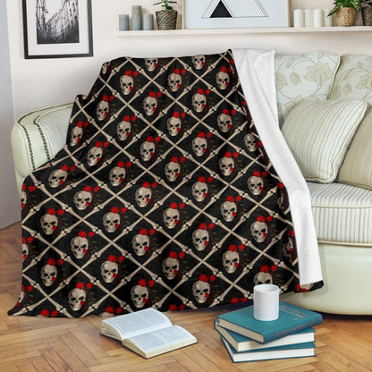 Skull Roses Bone Design Themed Print Fleece Blanket