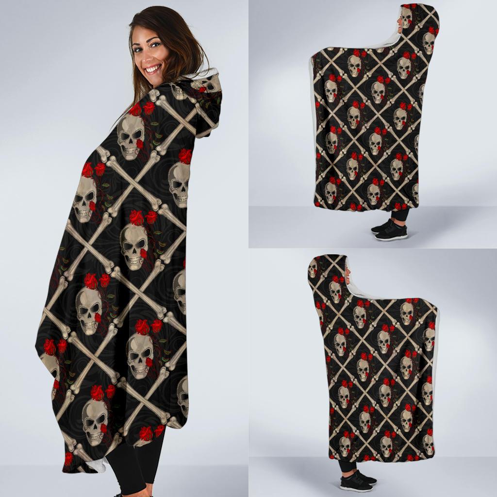 Skull Roses Bone Design Themed Print Hooded Blanket-JTAMIGO.COM