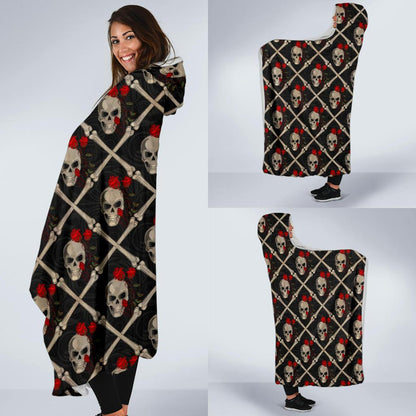 Skull Roses Bone Design Themed Print Hooded Blanket-JTAMIGO.COM
