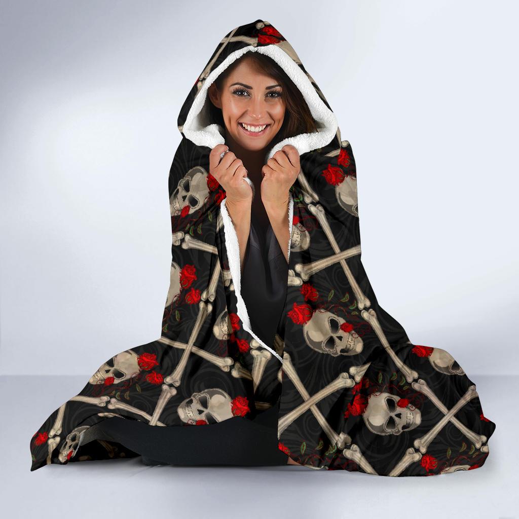 Skull Roses Bone Design Themed Print Hooded Blanket-JTAMIGO.COM
