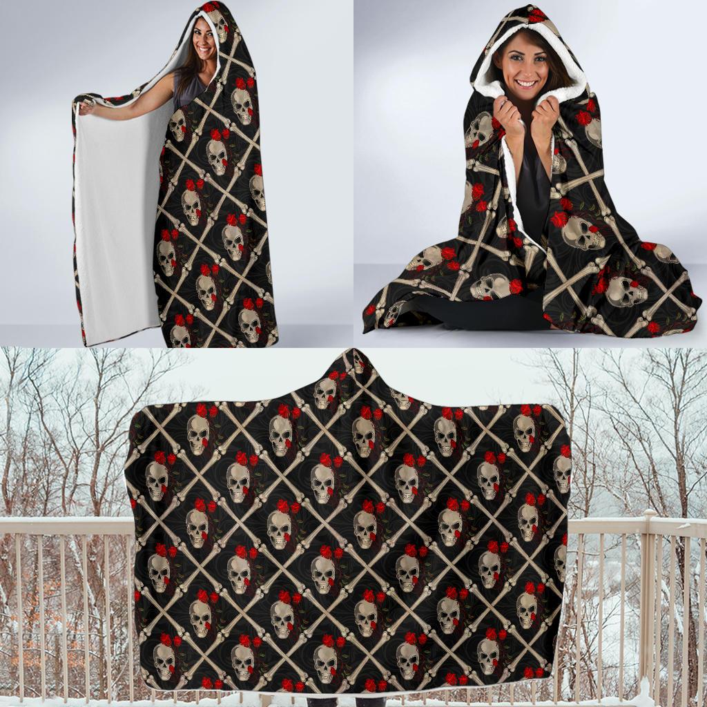 Skull Roses Bone Design Themed Print Hooded Blanket-JTAMIGO.COM