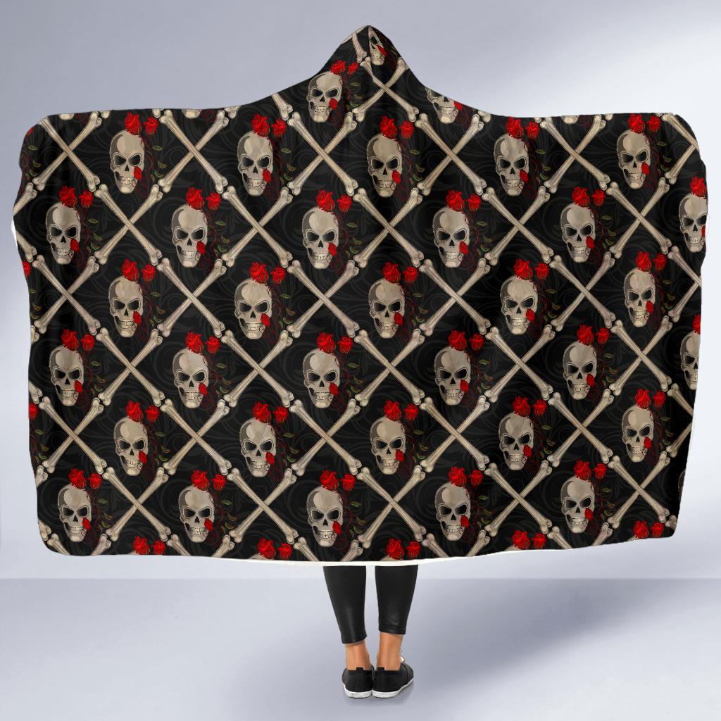 Skull Roses Bone Design Themed Print Hooded Blanket-JTAMIGO.COM
