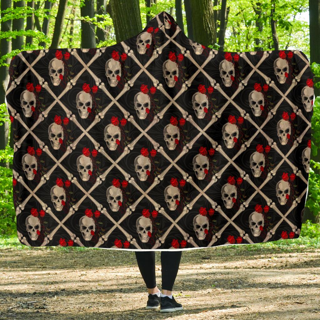 Skull Roses Bone Design Themed Print Hooded Blanket-JTAMIGO.COM