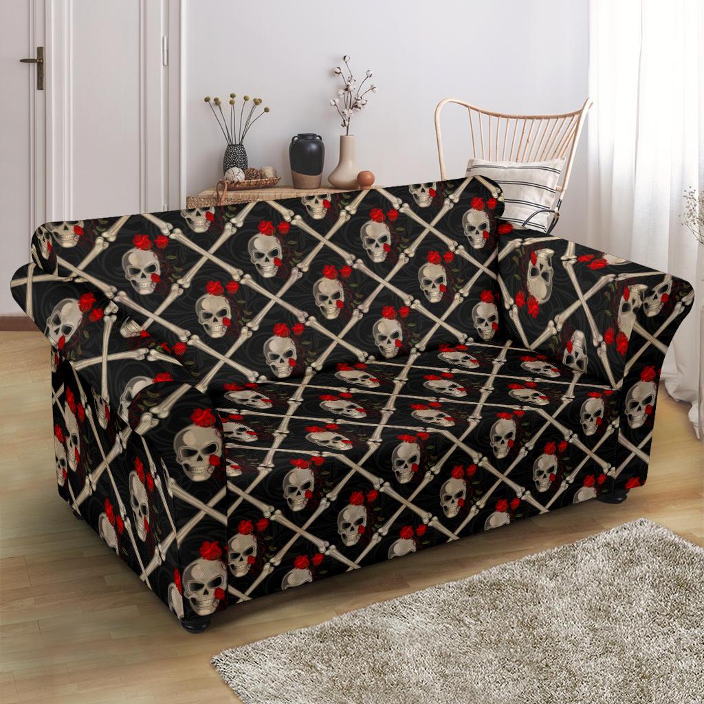 Skull Roses Bone Design Themed Print Loveseat Slipcover-JTAMIGO.COM
