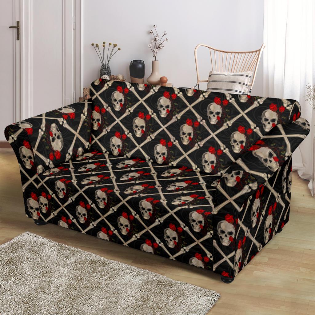 Skull Roses Bone Design Themed Print Loveseat Slipcover-JTAMIGO.COM