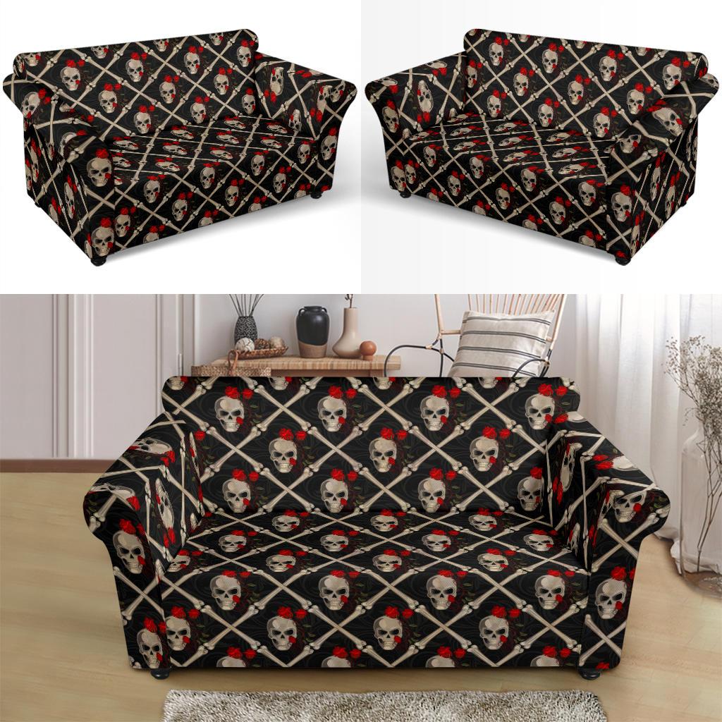 Skull Roses Bone Design Themed Print Loveseat Slipcover-JTAMIGO.COM