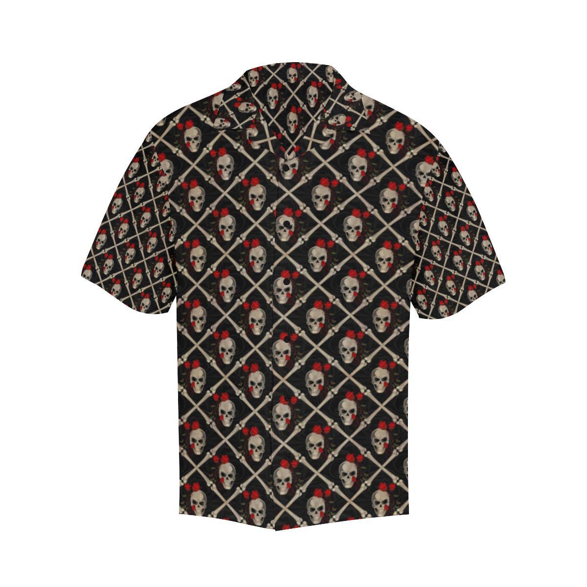 Skull Roses Bone Design Themed Print Men Aloha Hawaiian Shirt
