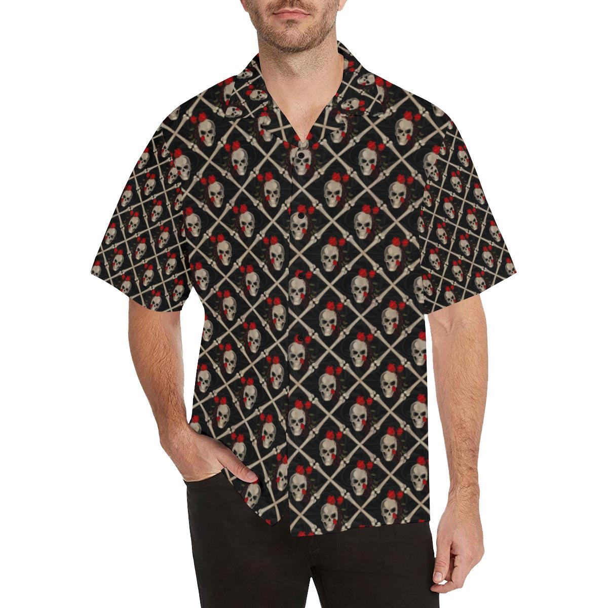 Skull Roses Bone Design Themed Print Men Aloha Hawaiian Shirt