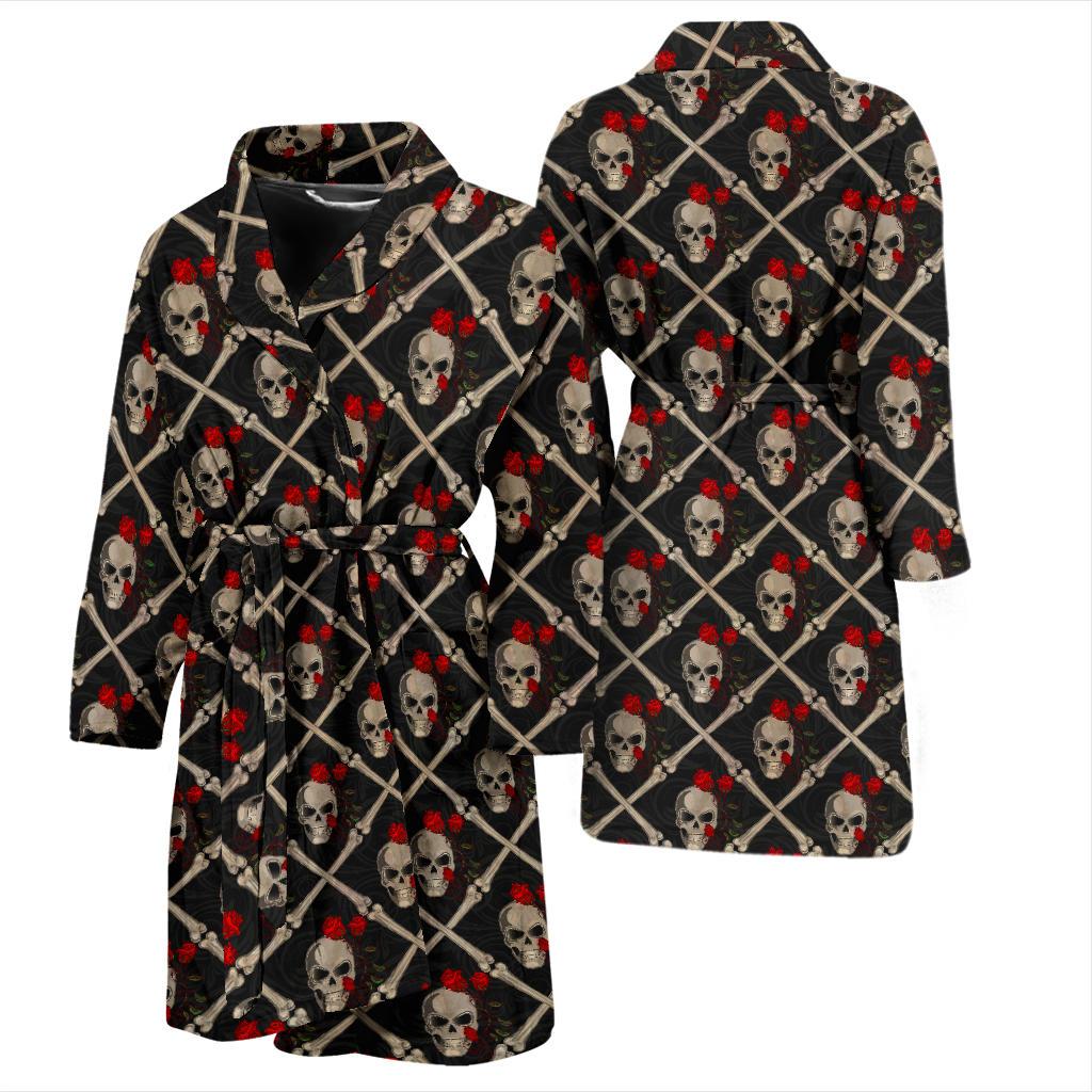 Skull Roses Bone Design Themed Print Men Bath Robe-JTAMIGO.COM