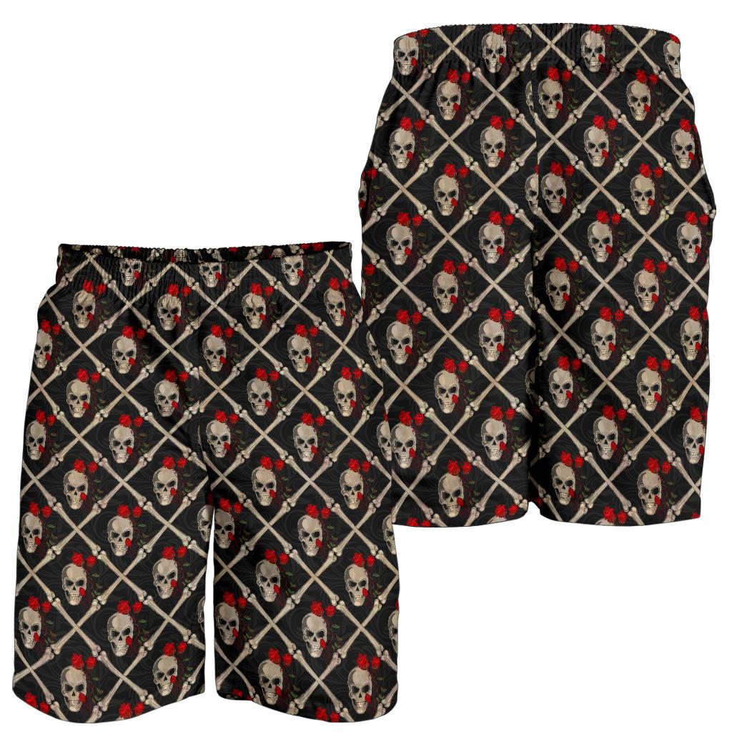 Skull Roses Bone Design Themed Print Mens Shorts-JTAMIGO.COM