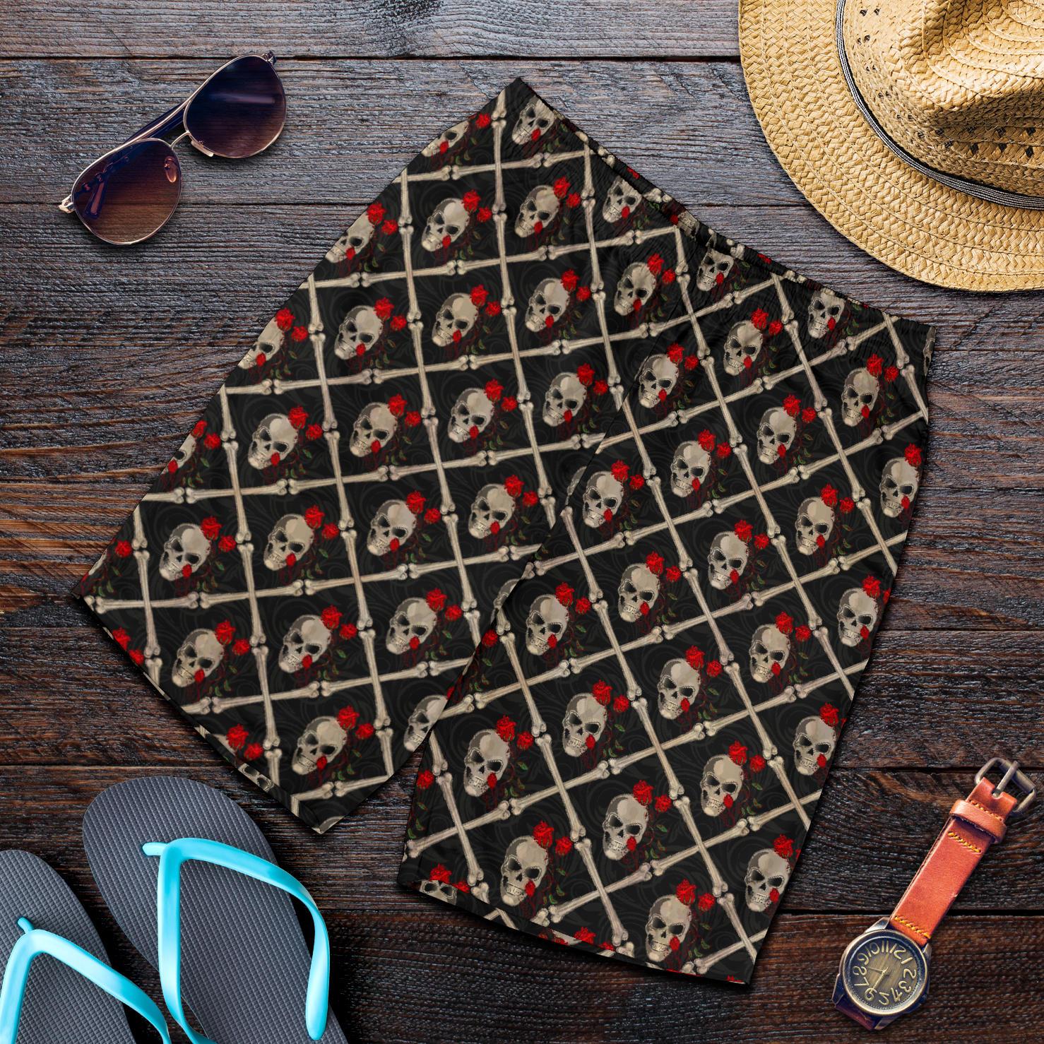 Skull Roses Bone Design Themed Print Mens Shorts-JTAMIGO.COM