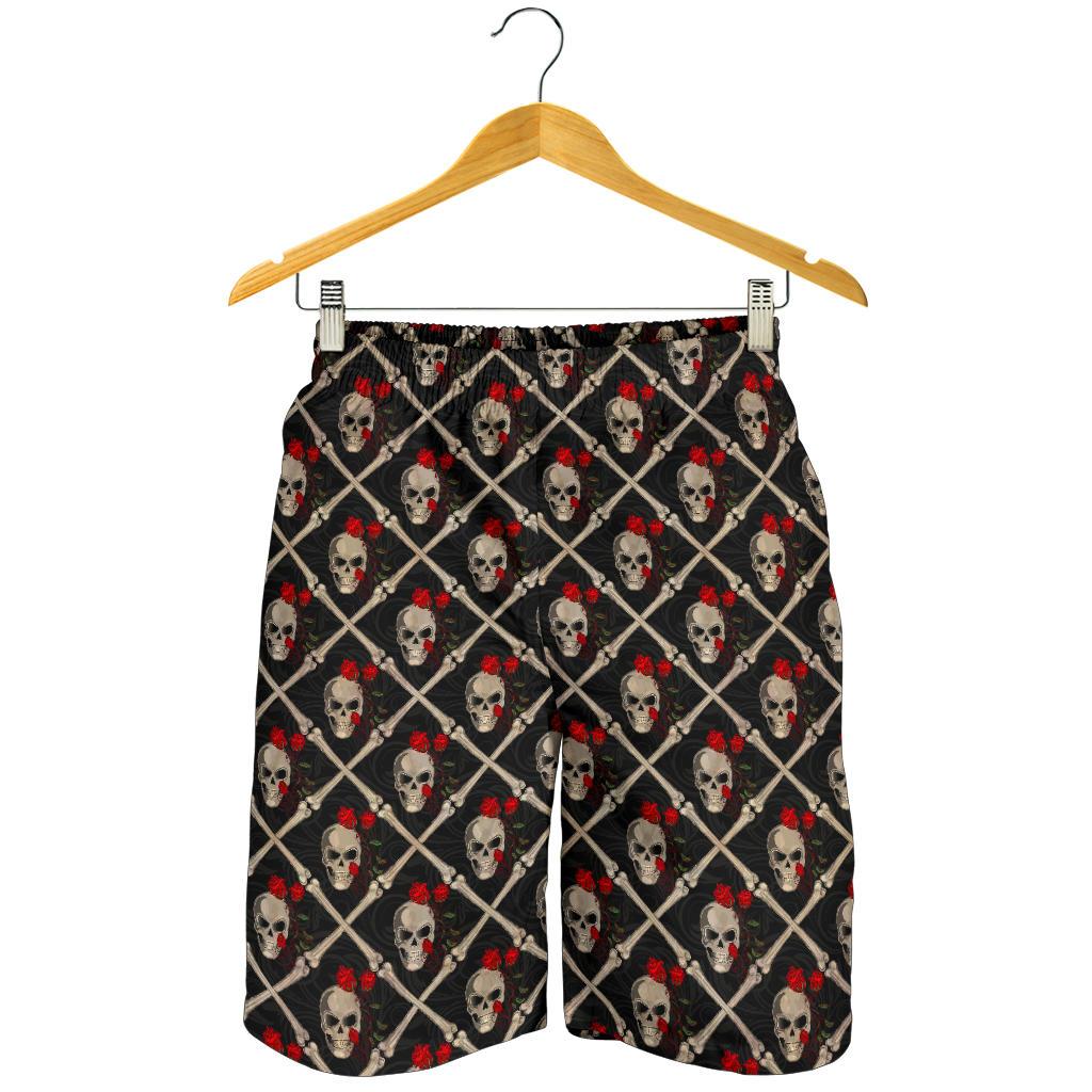 Skull Roses Bone Design Themed Print Mens Shorts-JTAMIGO.COM