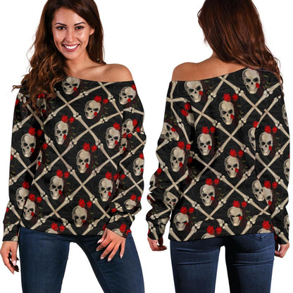 Skull Roses Bone Design Themed Print Off Shoulder Sweatshirt