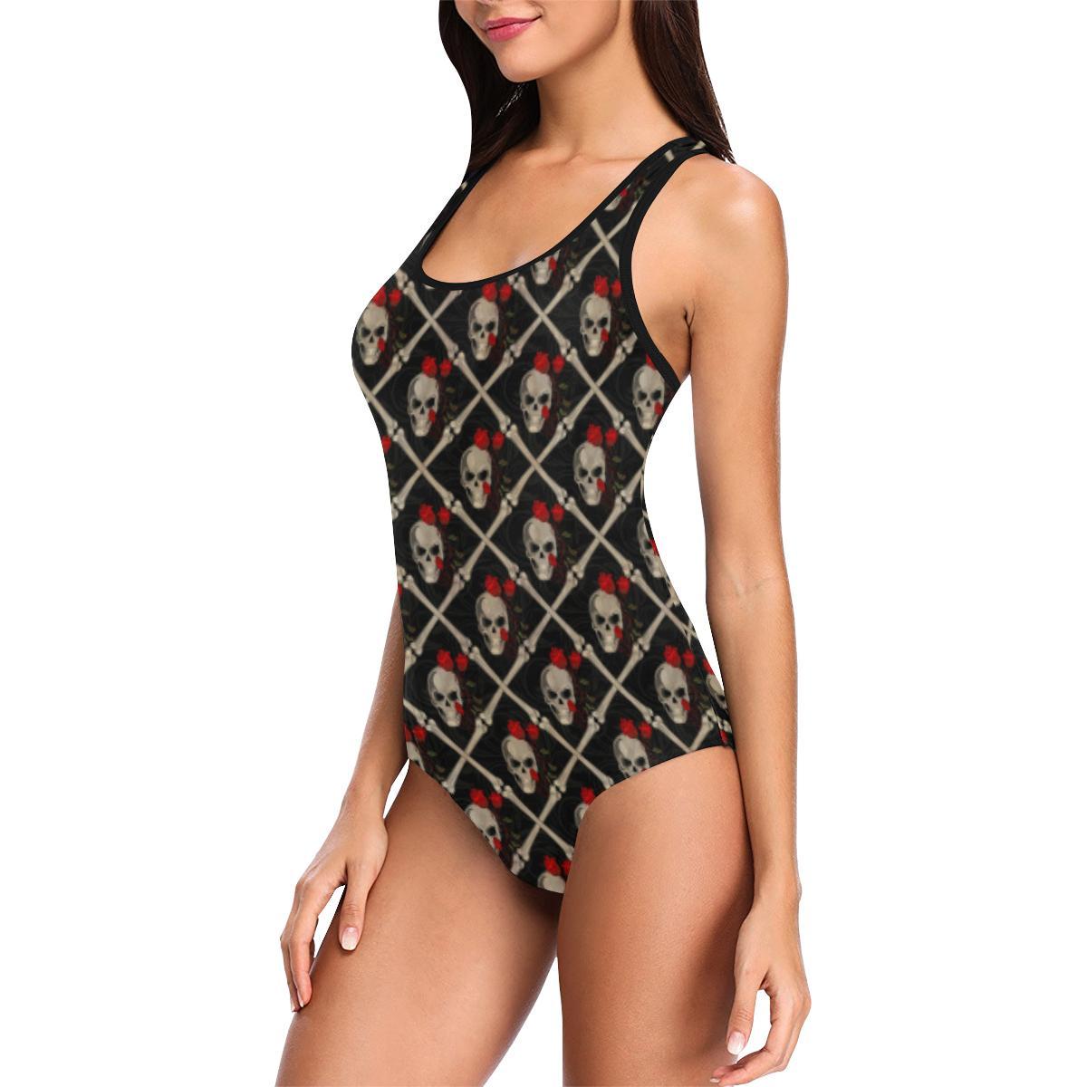 Skull Roses Bone Design Themed Print One Piece Swimsuit-JTAMIGO.COM