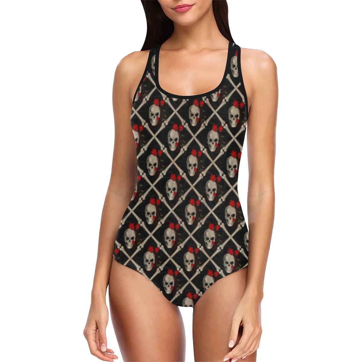 Skull Roses Bone Design Themed Print One Piece Swimsuit-JTAMIGO.COM
