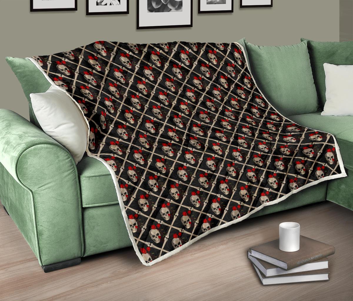 Skull Roses Bone Design Themed Print Premium Quilt-JTAMIGO.COM