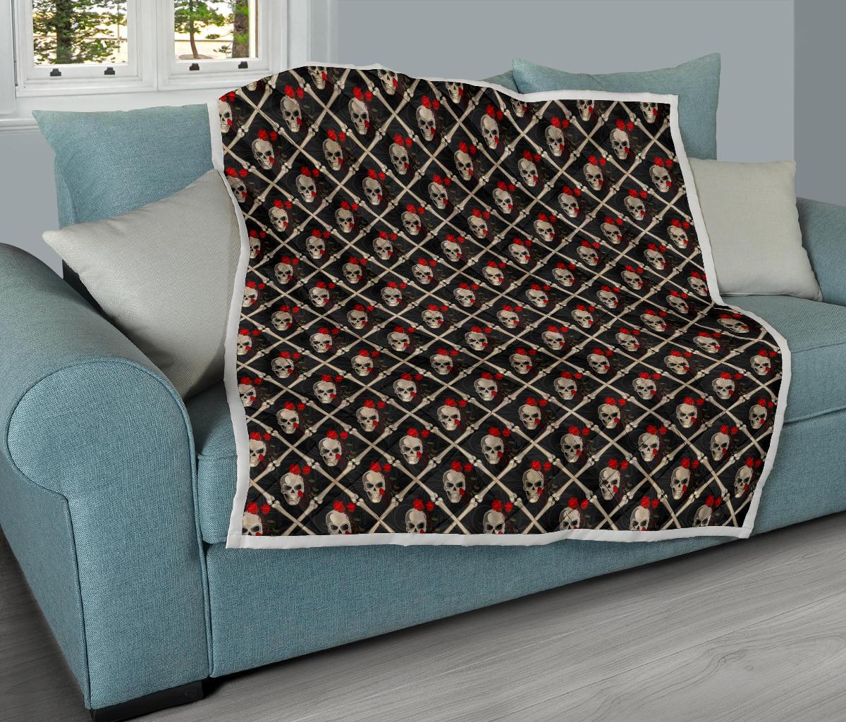 Skull Roses Bone Design Themed Print Premium Quilt-JTAMIGO.COM