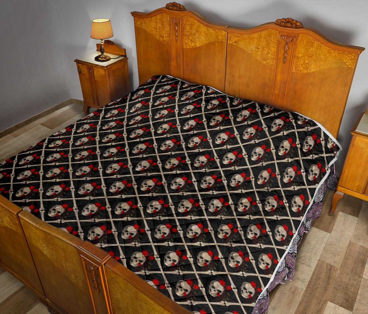 Skull Roses Bone Design Themed Print Premium Quilt-JTAMIGO.COM
