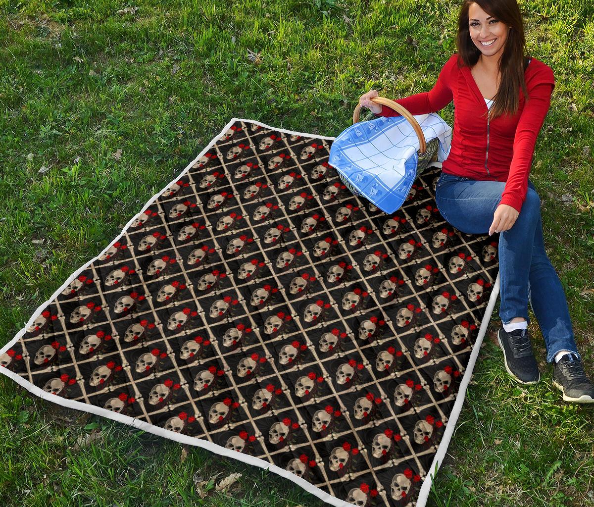 Skull Roses Bone Design Themed Print Premium Quilt-JTAMIGO.COM