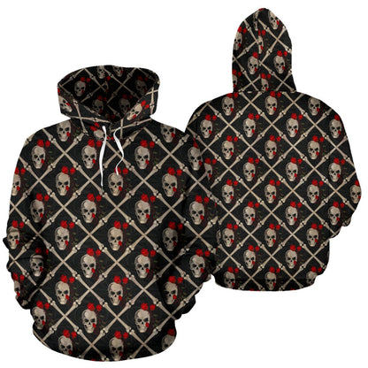 Skull Roses Bone Design Themed Print Pullover Hoodie