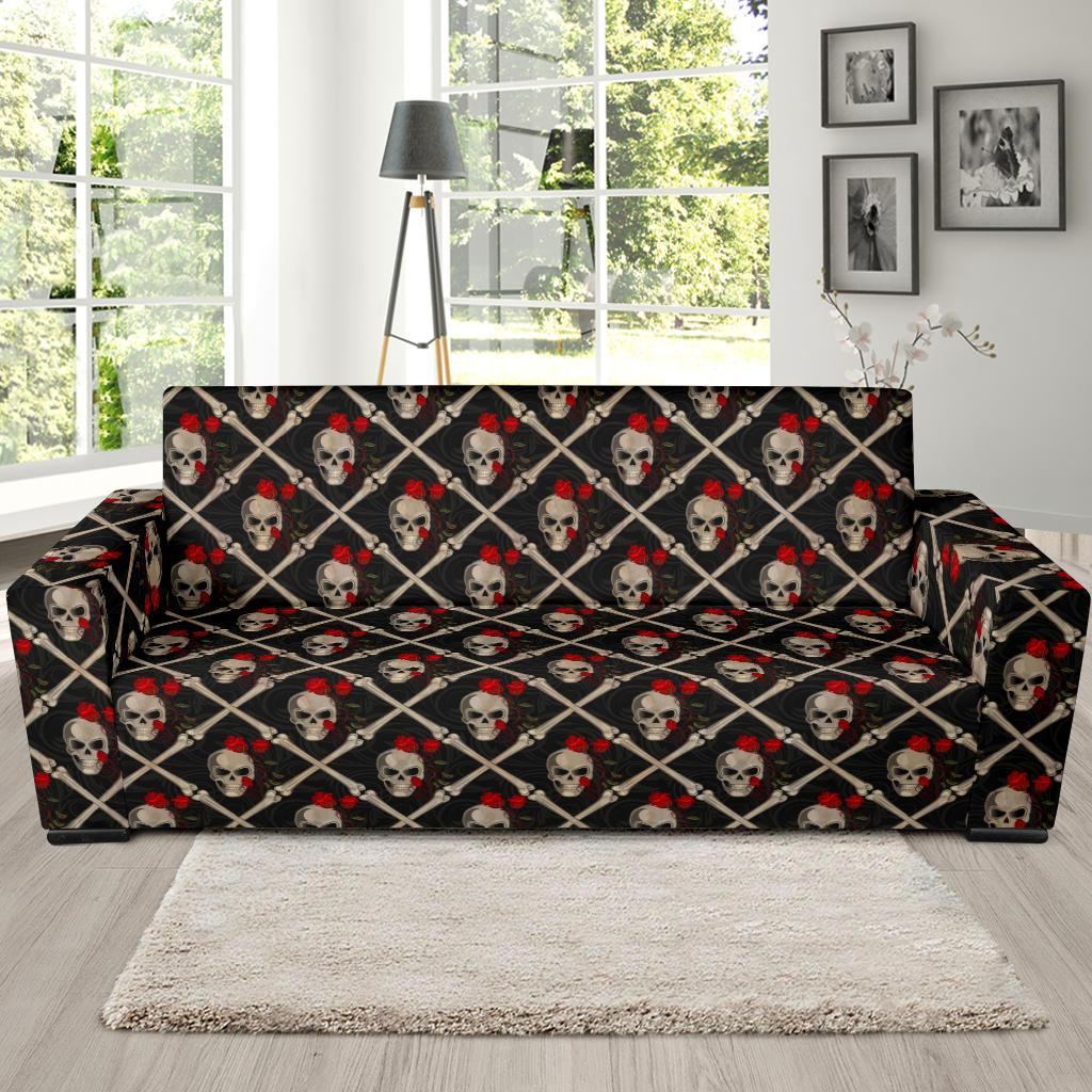 Skull Roses Bone Design Themed Print Sofa Slipcover-JTAMIGO.COM