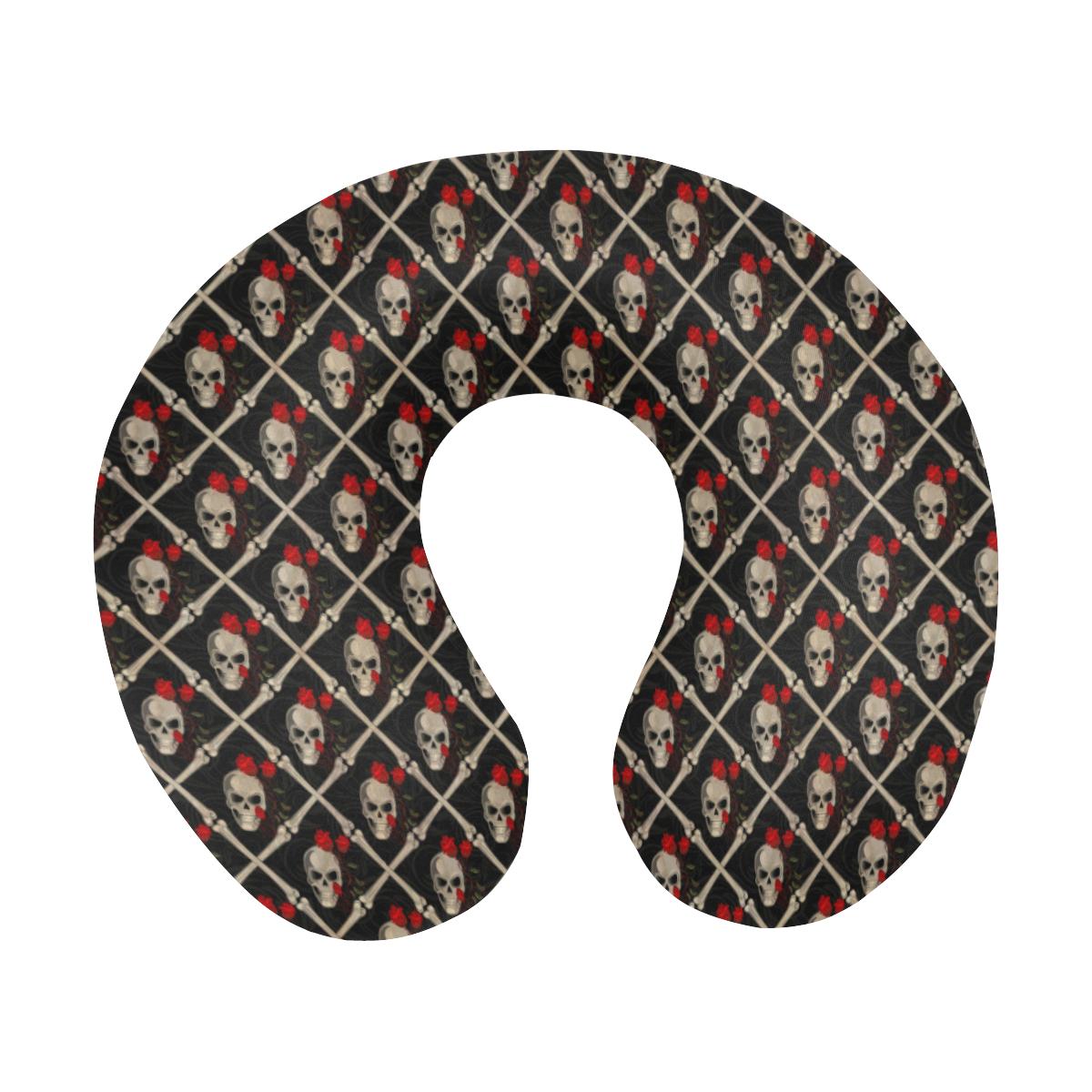 Skull Roses Bone Design Themed Print U-Shaped Travel Neck Pillow-JTAMIGO.COM