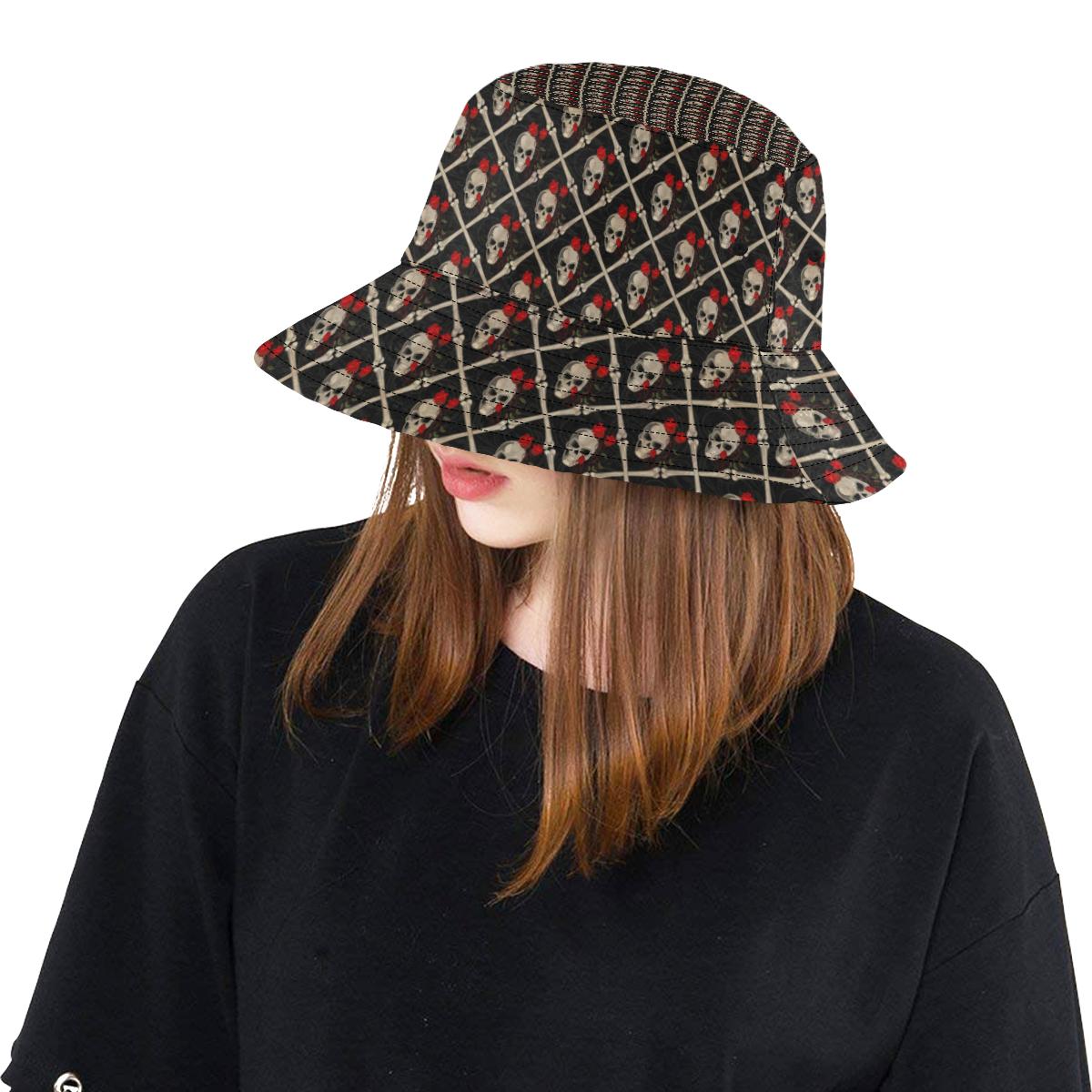 Skull Roses Bone Design Themed Print Unisex Bucket Hat