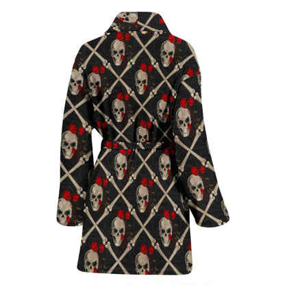 Skull Roses Bone Design Themed Print Women Bath Robe-JTAMIGO.COM