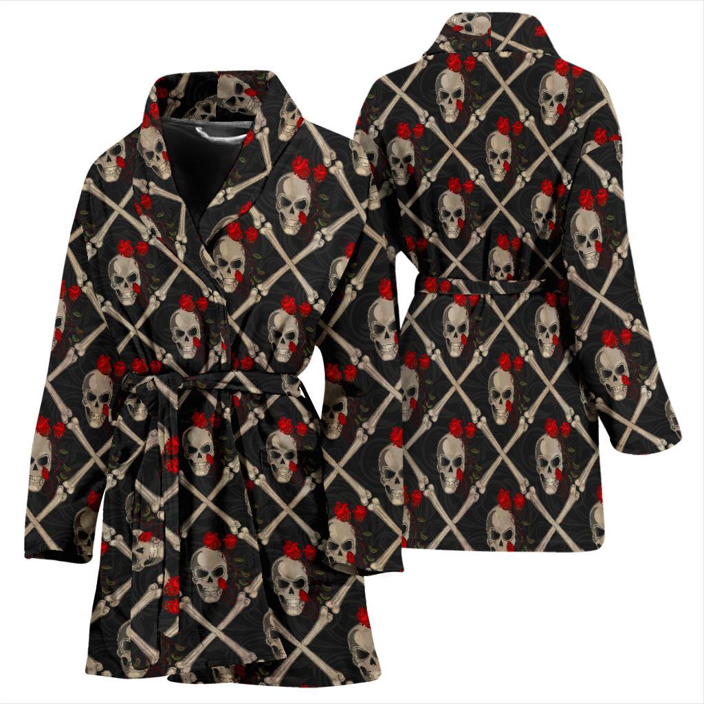 Skull Roses Bone Design Themed Print Women Bath Robe-JTAMIGO.COM