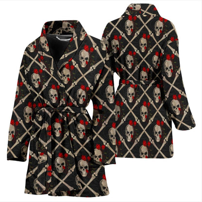 Skull Roses Bone Design Themed Print Women Bath Robe-JTAMIGO.COM