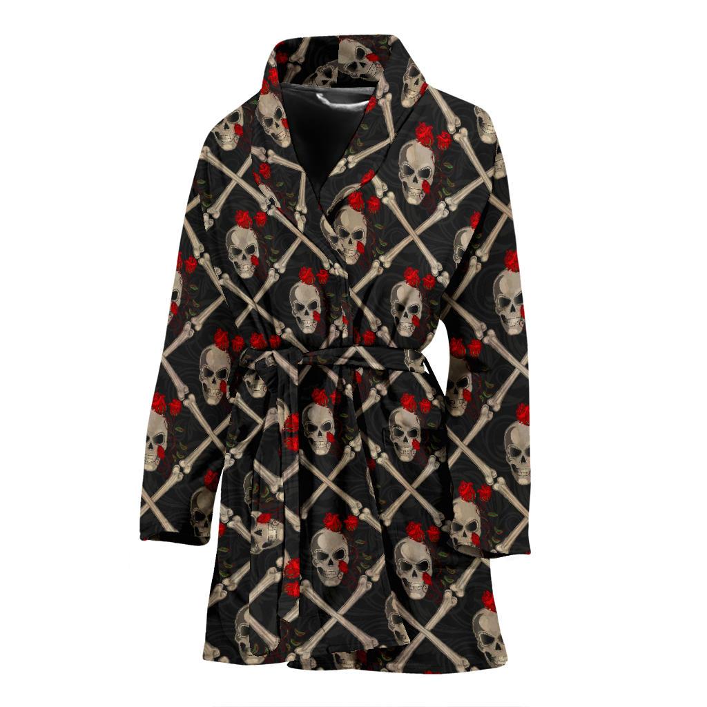 Skull Roses Bone Design Themed Print Women Bath Robe-JTAMIGO.COM