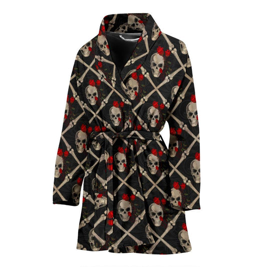Skull Roses Bone Design Themed Print Women Bath Robe-JTAMIGO.COM