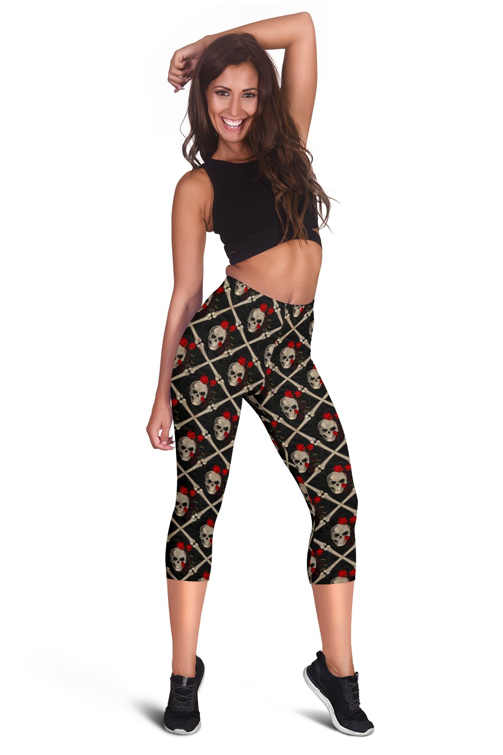 Skull Roses Bone Design Themed Print Women Capris