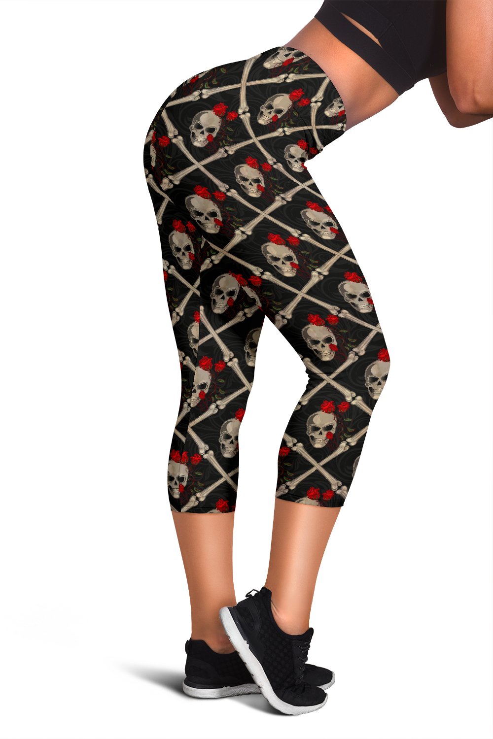 Skull Roses Bone Design Themed Print Women Capris