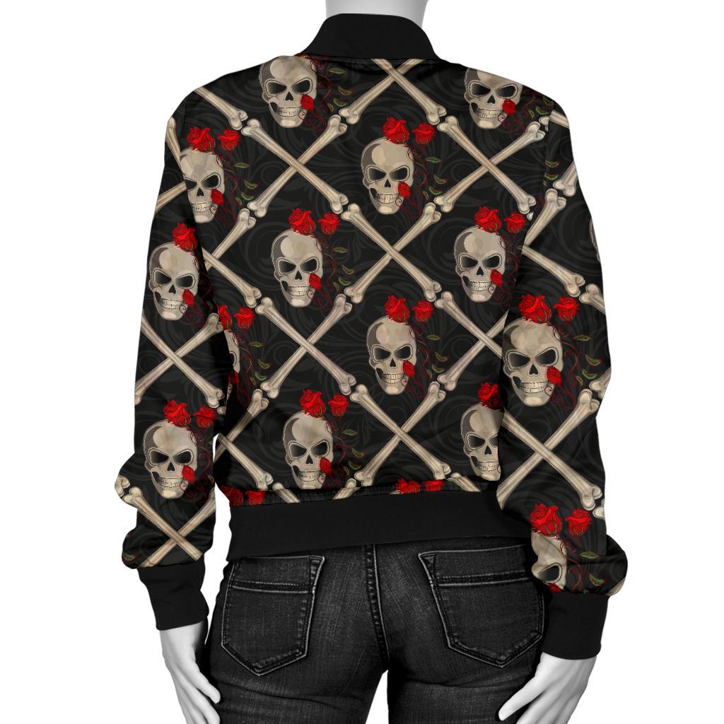 Skull Roses Bone Design Themed Print Women Casual Bomber Jacket