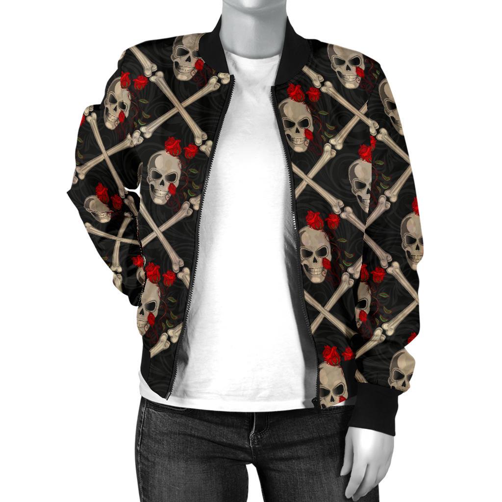 Skull Roses Bone Design Themed Print Women Casual Bomber Jacket