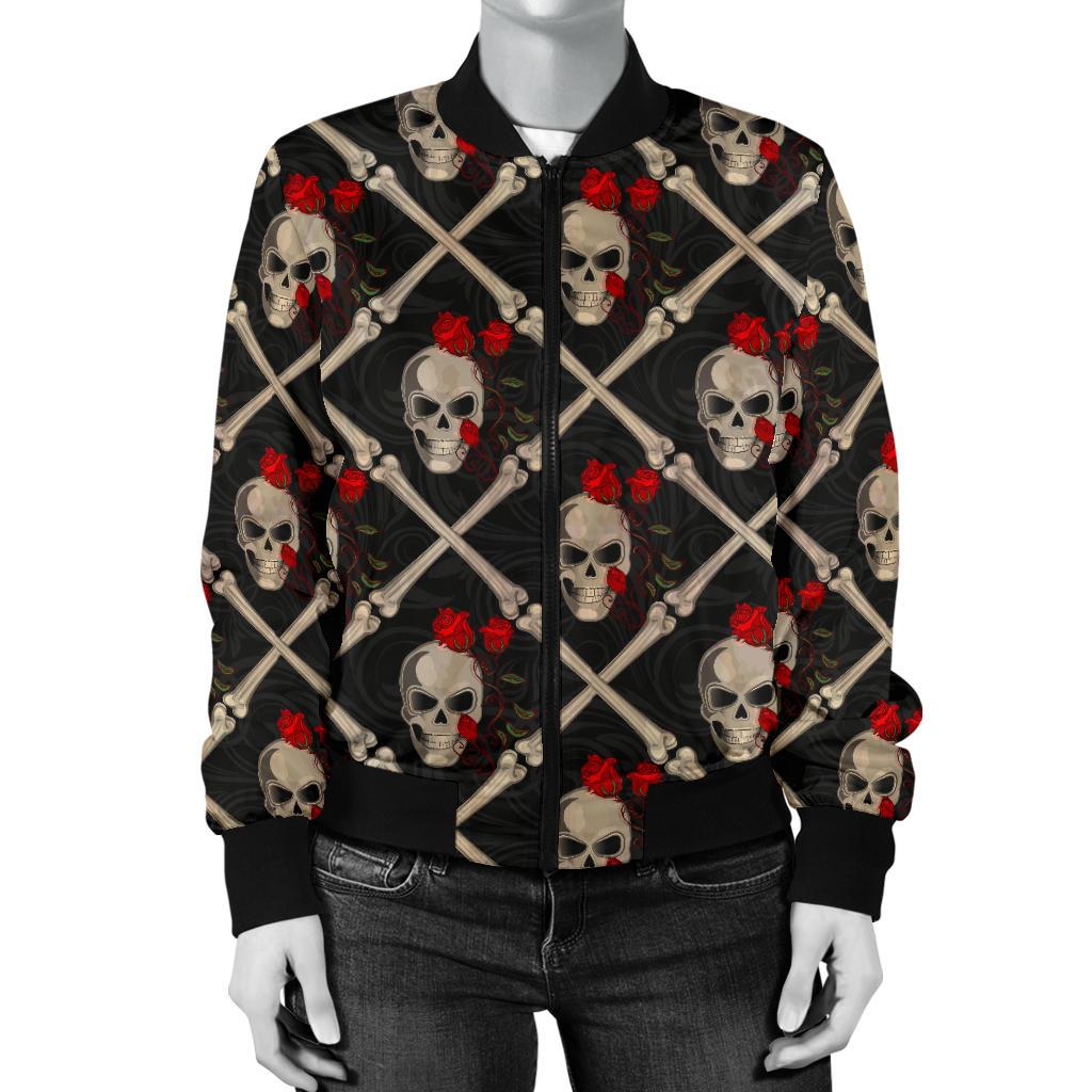 Skull Roses Bone Design Themed Print Women Casual Bomber Jacket