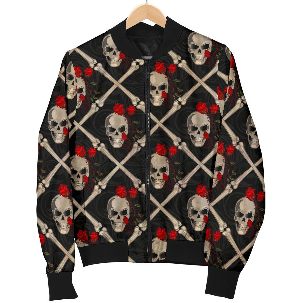 Skull Roses Bone Design Themed Print Women Casual Bomber Jacket