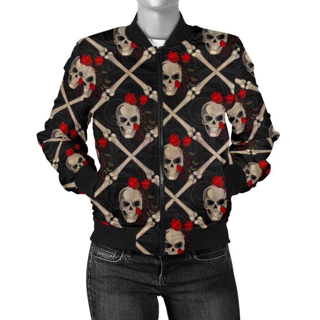 Skull Roses Bone Design Themed Print Women Casual Bomber Jacket