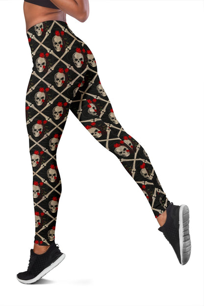 Skull Roses Bone Design Themed Print Women Leggings