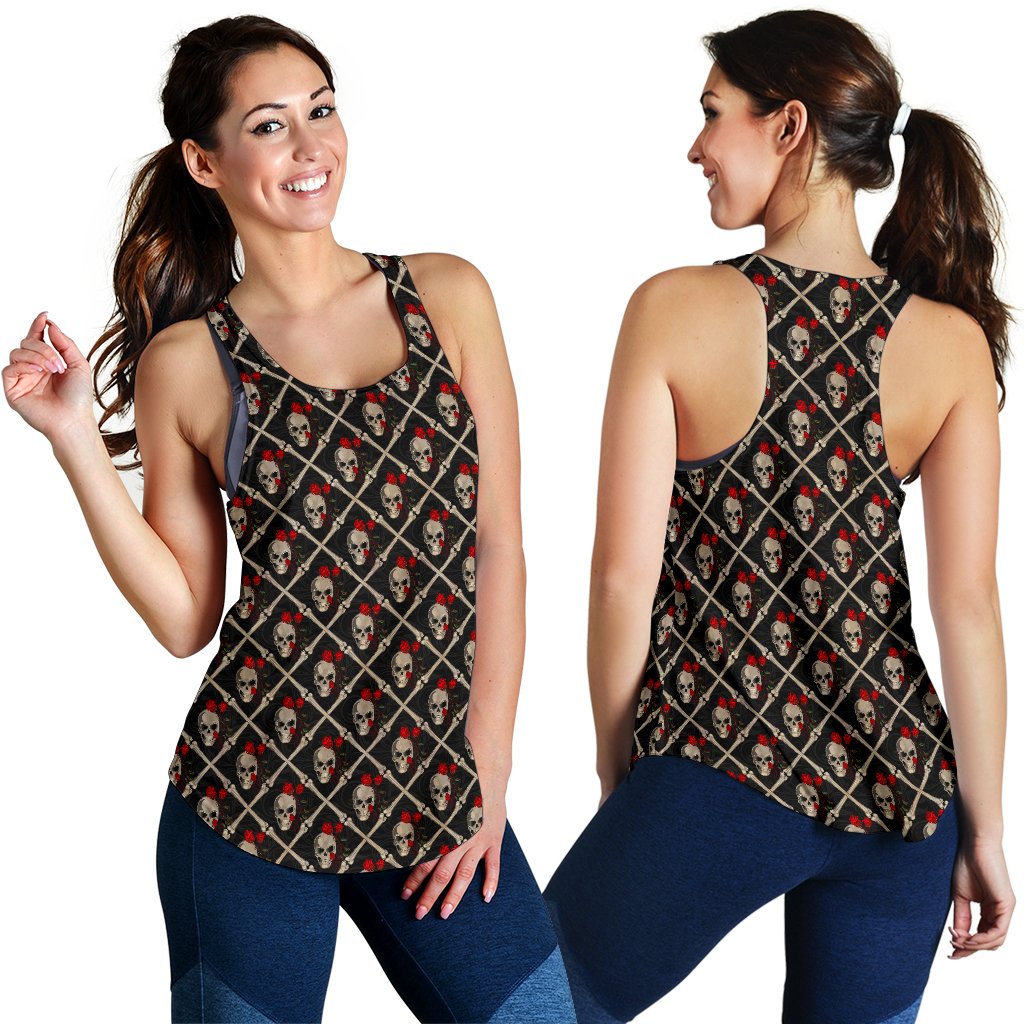 Skull Roses Bone Design Themed Print Women Racerback Tank Top