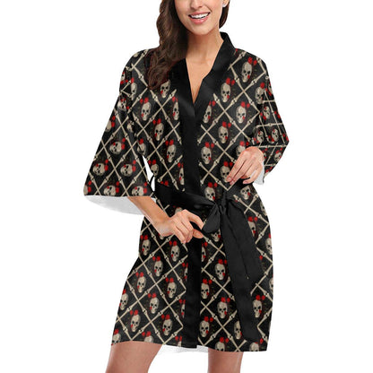 Skull Roses Bone Design Themed Print Women Short Kimono Robe