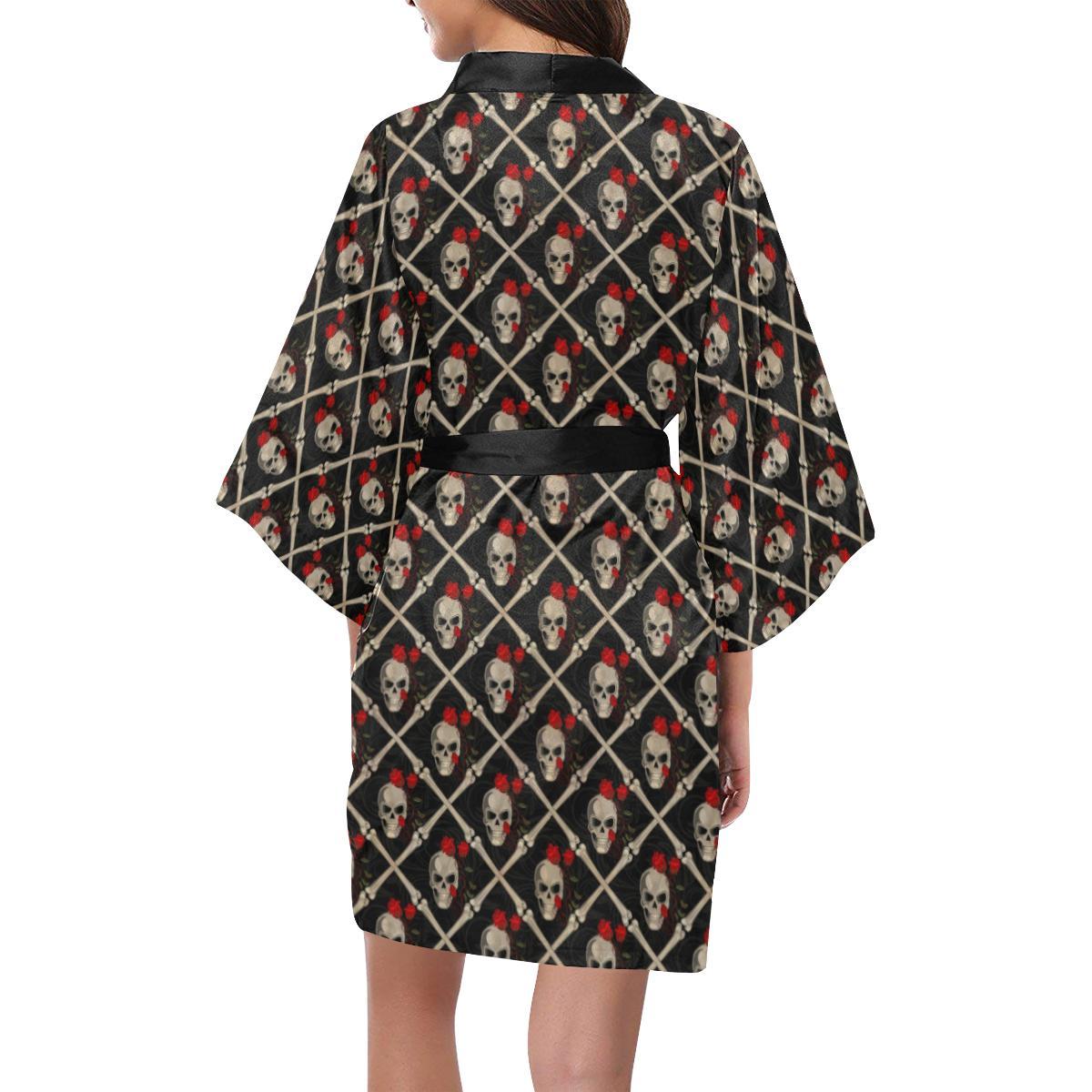 Skull Roses Bone Design Themed Print Women Short Kimono Robe