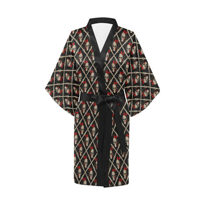 Skull Roses Bone Design Themed Print Women Short Kimono Robe