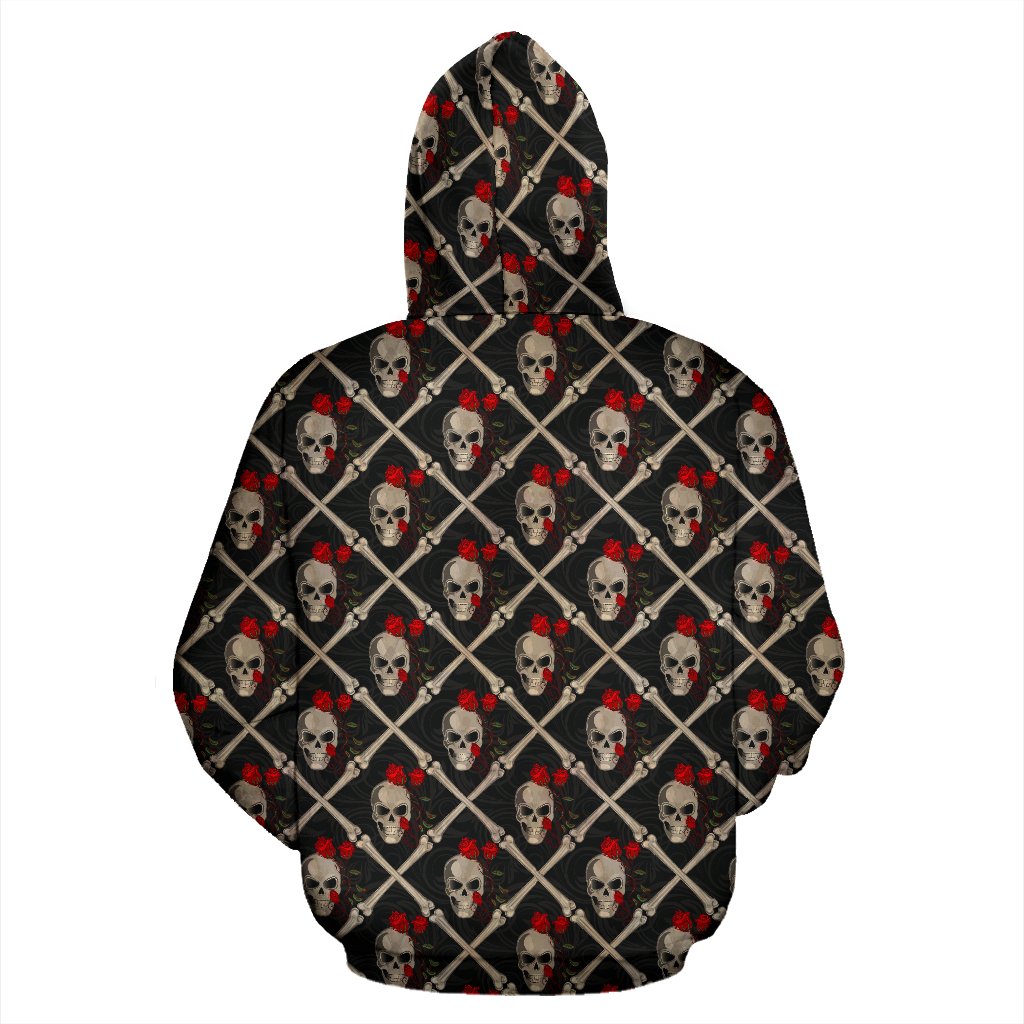 Skull Roses Bone Design Themed Print Zip Up Hoodie