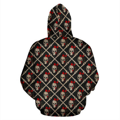 Skull Roses Bone Design Themed Print Zip Up Hoodie