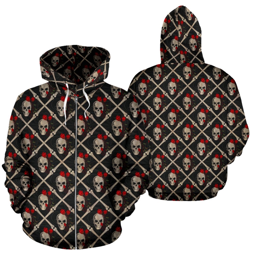 Skull Roses Bone Design Themed Print Zip Up Hoodie