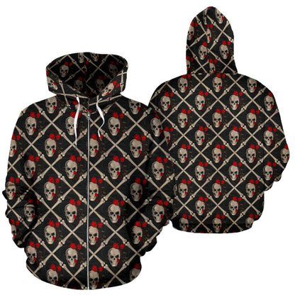 Skull Roses Bone Design Themed Print Zip Up Hoodie