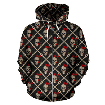 Skull Roses Bone Design Themed Print Zip Up Hoodie